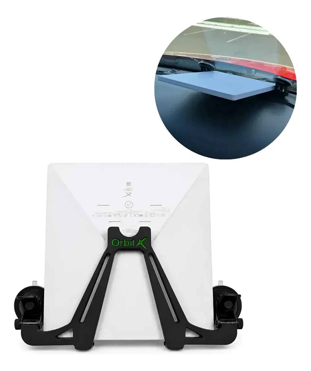 Suporte de painel OrbitX com ventosas segurando uma Starlink Mini